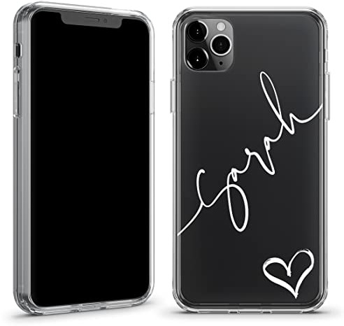 TULLUN Personalised Phone Case for iPhone 11 Pro - Custom Name & Heart Crystal Clear Hybrid Shockproof TPU Bumper & Hard Back Plate Cover - White Diagonal Name