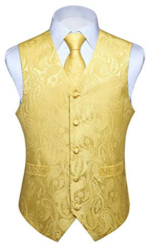 HISDERN Anzugweste für Herren Hellgelb Paisley Hochzeitweste mit Krawatte Einstecktuch Jacquard Weste Herren Anzug Set Elegant Gold L