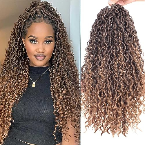 Xtrend 18 pouces 8 paquets 14 brins/paquet River Goddess Faux Locs Cheveux au crochet avec des cheveux bouclés au milieu et aux extrémités Tresses Messy Bohemian Fuax Locs Extensions de cheveux T27#