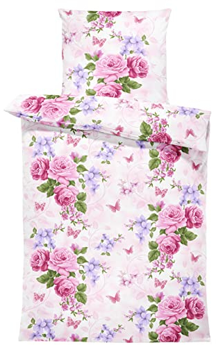 one-home Bettwäsche Mikrofaser Garnitur Bettbezug modern viele Muster mit Reißverschluss, Farbe:Blumen rosa weiß, Größe:4 teilig 135x200 cm