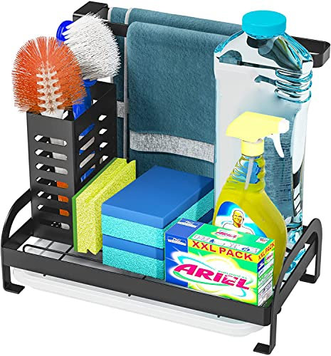 Kitchen Sink Caddy/Tidy Qupzze Stainless Steel Sink Organizer Sponge Dishcloth Brush Holder with Removable Drip Tray Rustproof - Black