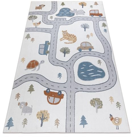 rugsx Teppich BONO 8283 Teppich Kurzflor, Kinderteppich, Wohnzimmer, Jugendzimmer, Kinderzimmer, Schlafzimmer, Straße, Tiere Creme/Hellgrau 180x270 cm