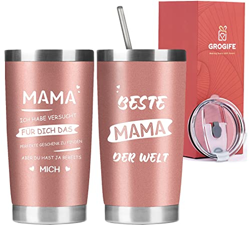 Grogife Geschenke für Mama, Muttertagsgeschenk von Tochter Sohn, Muttertag Thermobecher Edelstahl mit Spruch, Geburtstagsgeschenk für Beste Mutter Schwiegermutter, Kaffeebecher to go mit Deckel 600ml