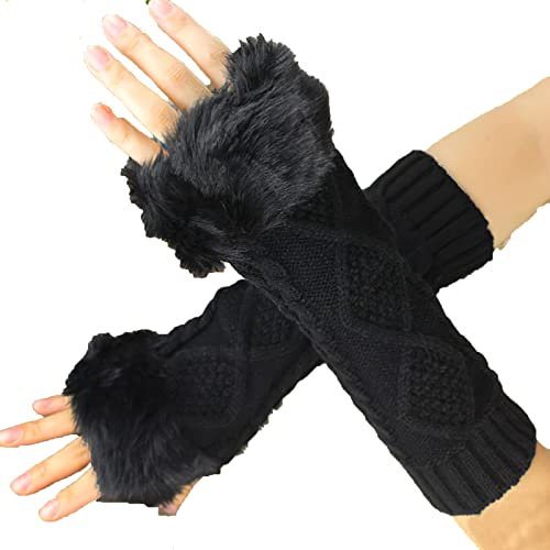 Women's Warm Faux Fur Fingerless Gloves - Winter Long Knitted Arm Warmer Mittens With Thumb Hole - Half Finger Touchscreen Stretchy Thermal Gloves for Outdoor Cycling and Costumes