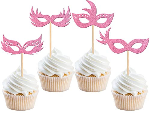 24 Pack Masquerade Masks Cupcake Toppers Black and Gold Glitter Bachelorette Party Mask Cupcake Food Fruit Picks Masquerade Mardi Gras Party Baby Shower Birthday Party Cake Decorations Pink