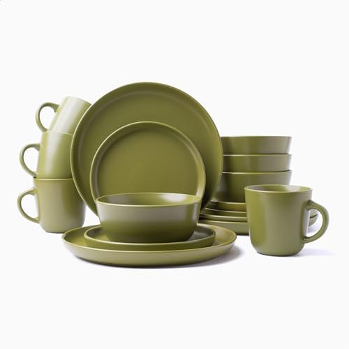 MÜLLERHEIM 903 Minimalist Collection 16-teiliges zeitgenössisches Keramik-Geschirr-Set aus Steinzeug für 4 Personen, griechische Olive, 16-teiliges Teller- und Schüssel-Set, Speiseteller,