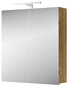 Planetmöbel Merkur Armoire de Toilette Salle de Bain avec éclairage Largeur 60 cm | Armoire de Toilette Suspendue avec Miroir | éclairage LED chromé | chêne artizan