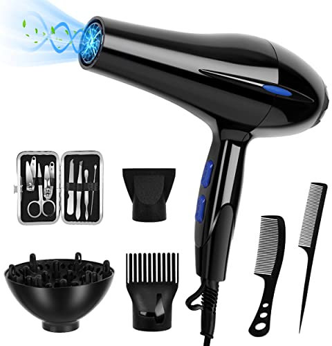 Cliplanyard Ionic Hairdryer,1200W AC Black Professional Hair Dryer, Motor Fast Drying Salon with 2 Speed 3 Heat Setting,Cool Button, Diffuser, Nozzle, Concentrator Comb for Curly and Straight