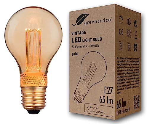 greenandco dimmbare Vintage Design LED Birne zur Stimmungsbeleuchtung | E27 A60 | gold | 2,3W 65lm | 1800K extra warmweiß | 320° | 230V | flimmerfrei | Edison Glühbirne