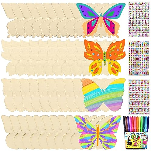 Schmetterling Bastelset Kit, 40 Stück Schmetterlinge Deko, Schmetterlinge Holz, Schmetterling Handwerk Bemalen mit Farbiger Pinsel, Glitzersticker, Schmetterling Bastelset für DIY Malen Dekoration