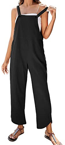 Salopette da donna, senza maniche, taglie forti, estiva, con spalline sottili, gamba larga, casual, tinta unita, con tasche, salopette in cotone da donna, per vacanze e spiaggia, taglia S-XXL, Nero ,