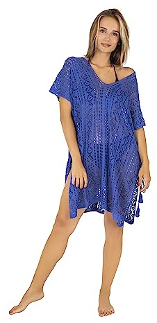 Gräfenstayn Strandkleid Damen gestrickt - Oeko-Tex Standard - Perfekt als Strandponcho oder Cover-up Bikini, Badeanzug - Strandtunika (S-M blau)