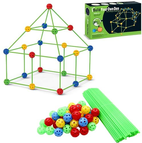 DIY Den Building Kit for Boys Girls, 120 Pcs Fort Building Kit, Kids Construction Straws and Connectors Toys,Fortress Building Kit for Age 5+,Playhouse Indoor Toys Creative Playset Birthday Xmas Gift
