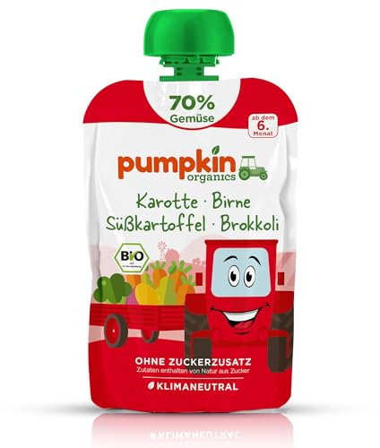 Pumpkin Organics Bio Gemüse-Quetschie Karotte, Birne, Süßkartoffel, Brokkoli ohne Zuckerzusatz¹ - ab dem 6. Monat - als Snack oder Beikost für unterwegs - glutenfrei (100g)