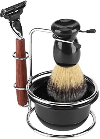 Safety Manual Razor Kit with Holder, Badger Shaving Brush Mug Shave Bowl Foam, Mens Beard Stainless Steel Wooden Handle Shaving Kit Gift for Men Husband Father Brother