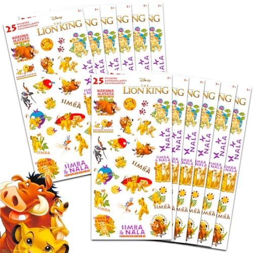 Disney Confezione da 12 fogli adesivi Re Leone per bambini e bambine, confezione da 12 fogli adesivi per feste di compleanno per bambini, forniture per feste di Re Leone