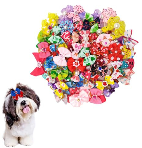 LEEQ Hundehaar Schleifen mit Edelsteinen - Pet Bowknot Haarseil mit Gummiband, Haustiere Hundehaare Bögen Zubehör für Lange Haare Haustier Hunde Katze Welpen, Zufällige Farbe(20 pcs)