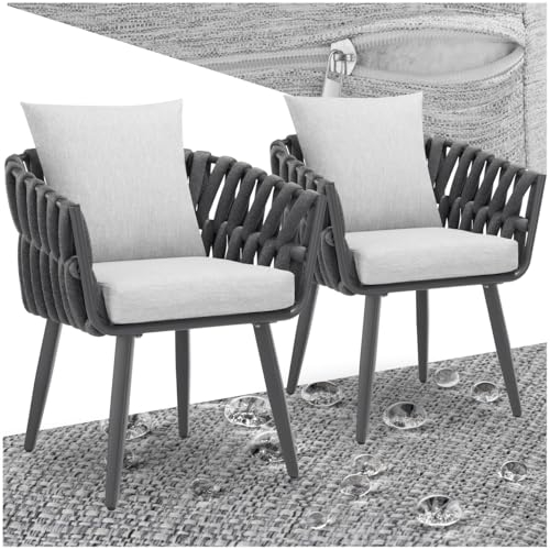 tectake® Balkonmöbel Set, 2X Gartenstuhl, Stühle aus Metall, Gartenstühle mit Rücken Kissen und Sitzpolster, Outdoor Sessel Rope Design, für Balkon und Garten, als Terrassenmöbel