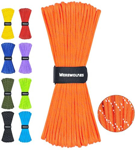 WEREWOLVES Reflective Paracord Rope 100FT, 7 Strand Type III Parachute Cord 4mm Thin Tent Rope for Outdoor Camping Hiking (Orange, 100FT)