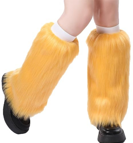WERNZATT Damen-Beinstulpen aus Kunstfell, warm, für den Winter, Stiefelstulpen, Beinwärmer, Weihnachten, Halloween, Party, Kostümzubehör, Solides Gelb, One size