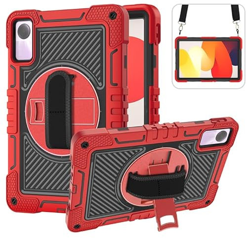 ERDARARIPRO Funda para tablet Xiaomi Redmi Pad SE de 11 pulgadas, bonita funda de dibujos animados a prueba de golpes con soporte giratorio de 360° y correa de mano, correa de hombro, color rojo y