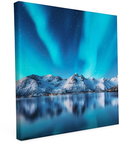 Keilrahmen bedruckt, Wandbild auf Künstler Leinwand, matter Kunstdruck, Stabiler Holzrahmen mit kratzfestem 280g Canvas bespannt, Motive zum Thema Natur (50x50cm - Nordlichter über Norwegen)