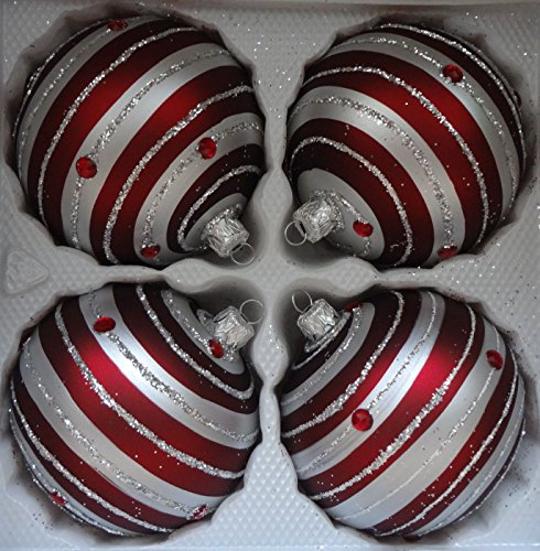 Matte rot-silbern gestreifte Weihnachtskugeln aus Glas mit silbernem Glitzer und roten Steinchen Durchmesser 10 cm 4er Set
