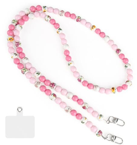 Witeup Chaîne de téléphone portable avec perles et céramique, cordon coloré avec fleurs et patch transparent, accessoire pour téléphone portable, Rose, taille unique