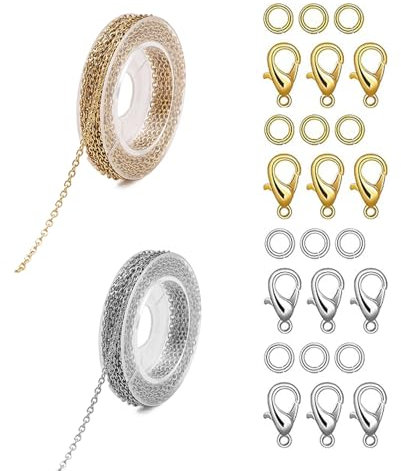 2 STK 5m Gliederkette Meterware,Ketten Selber Machen Set,Kette Basteln,Edelstahl Kettenband Schmuckherstellung,Schmuckkette,Jewelry Link Chain mit Karabinerverschluss und Biegeringe für DIY Halskette