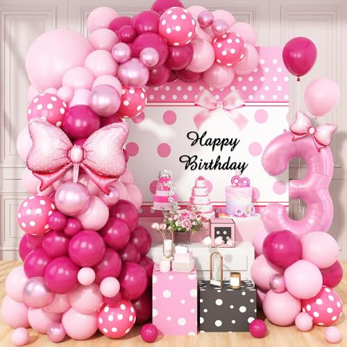 Pink 3rd Birthday Balloons Decorations, Hot Pink Rose Polka Dots Balloons Arch Kit, Huge Bow Foil Balloon, pink Number 3 Balloon Tower for Baby Shower Girls Princess 3rd Theme Party