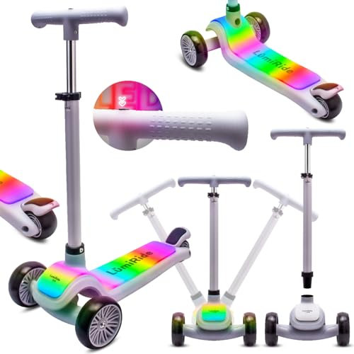 LUMI Ride Kinderroller 3 Räder Balance LED Grau 3+, Klappbar, Höhenverstellbarer Lenker, Fußbremse, Rutschfestes Trittbrett, Abnehmbarer Lenker