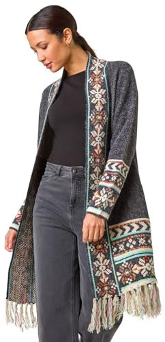 Roman Originals Women Cardigan - Ladies Longline Coatigan Tassel Open Front Cardi Winter Autumn Casual Textured Edge to Edge Yarn Patterned Comfy Work Going Out - Grey Multi - Size 12