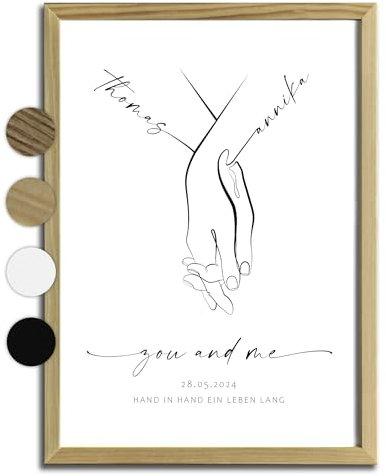 HappyArts® Hochzeitsposter Holding Hands Hochzeitsbild personalisiert Brautpaar Hand in Hand Wandbild Geschenk A4 A3 ohne mit Rahmen