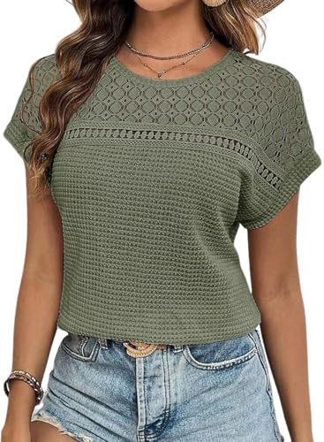 Chicrise Bluse Damen Elegant Kurzarm Spitzen Oberteile Häkel Rundhals Tshirt Sommer Grün Groß 42-44