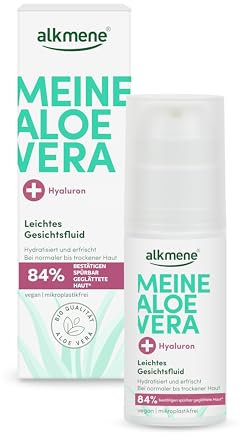 alkmene Aloe Vera Gesichtsfluid mit Hyaluron 50 ml - Aloe Vera Gel Gesicht für normale bis trockene Haut - Feuchtigkeitscreme vegan - Aloe Vera Gesichtscreme, Alea Vera Gel, Aloeveragel