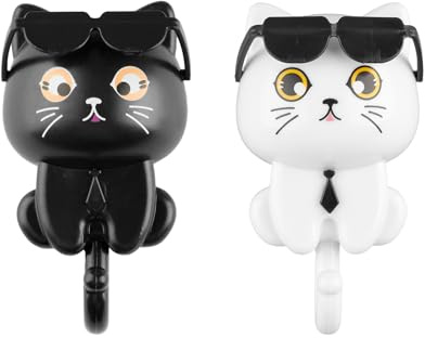 Bojueshaw 2pcs Cute Cat Key Holder,Funny Adhesive Wall-Mounted Gravity Hook,Stylish and Functional Home Decor for Keys,Towels,Hats(Black&White)