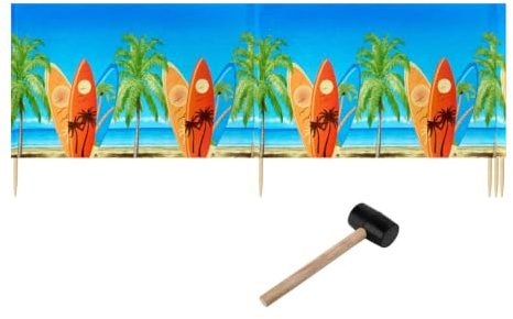 Ladeheid Windschutz Strand Strandzubehör Sichtschutz Holzstäbe LAEX001 | Mit Gummihammer, Strand Sichtschutz für Camping, Windfang im Sand, maritimes Muster, praktisches Strandzubehör mit Holzstäben