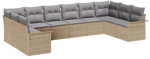 vidaXL Garten-Sofa-Set mit Kissen 10 pcs Beige Poly Rattan, Garten und Terrasse, Rechteckiges Modularsofa, Robust und verstellbar, Rattanmöbel Set für draußen
