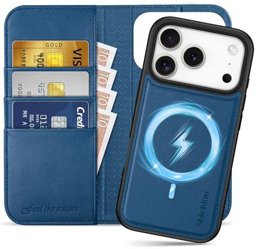 SHIELDON 2 IN 1 Rindsleder Hülle für iPhone 18 Pro/17 Pro 6,3, Königsblau | Abnehmbare Handyhülle, Kabelloses Laden, 3 Kartenfächer, Ständer, RFID Blocker, Handy-Ösen, Klappbar Ledertasche