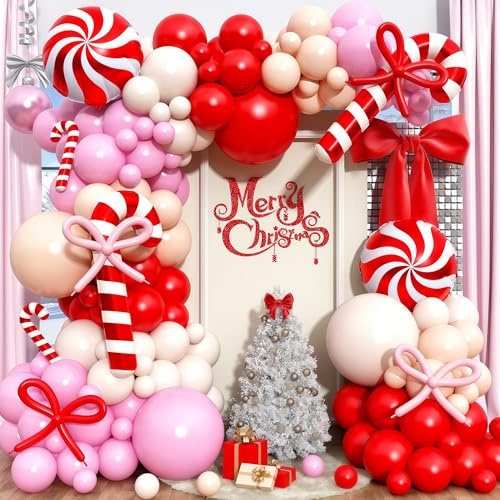 Kit de arco de globos de Feliz Navidad, guirnalda de globos de Navidad rojo y blanco con globos de lazo rojo y rosa y globo de aluminio de bastón de caramelo para Navidad, vacaciones, cumpleaños, Año