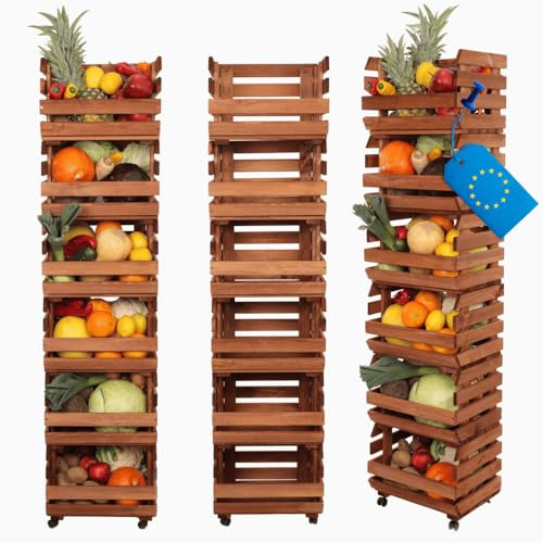MODO24 Modular Holzregal für Gemüse & Obst auf Rollen, Stapelbares Regalsystem aus Kiefernholz, 6 Holzkisten, Kartoffelsteige, Küchenregal, Vorratsregal, Gemüseregal, Abm. 157x37x30 cm, Fargbe: Braun