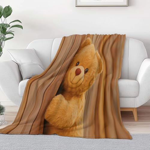 100 x 130 cm Bedruckte Flanelldecke Gelb, Weiche Anti-Pilling Mikrofaser Kuscheldecke mit Cartoon Teddybär Holzwand Babydecke Sofadecke für Couch Bett Sofa Deko Reisen Camping