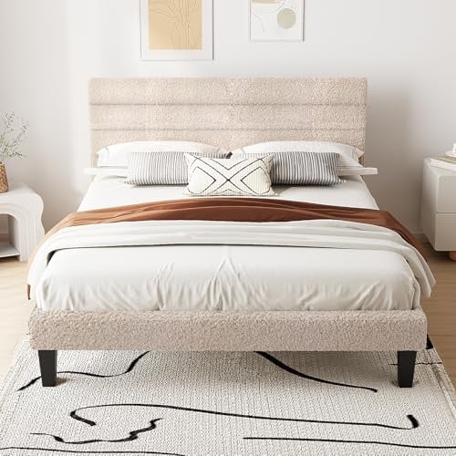 Bonnlo 5ft King Bed Frame, Noise-Free Upholstered Platform Bed with Adjustable Headboard & Under Bed Storage - Sturdy Wooden Slat Support - No Box Spring Needed, Loop Yarn Fabric, White, 150 x 200 cm