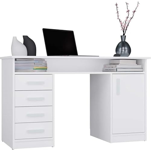CDF Schreibtisch Computertisch Arbeitstisch PC Tisch Homeoffice Schreibtischarbeitsplatz Notebooktisch Bürotisch Schreibtischmöbel Bildschirmtisch Studiodesk mit Schubladen Schrank - Weiß