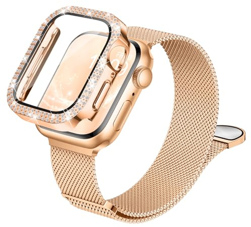 Compatible for Apple Watch Metal Straps and Case 40mm, Magnetic Milanese Band and Diamond Screen Protector for iWatch SE3 Series 6/5/4, Luxury&Versatile, Eye-Catching for Work & Date, Rosegold