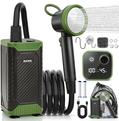 AKOFIC Doccia da Campeggio, 8000mAh Doccia Portatile Ricaricabile, Doccia Elettrica da Campeggio con Display di Temperatura e Potenza, Doccia da Esterno per Spiaggia, Lavaggio Auto, Giardino, Animali
