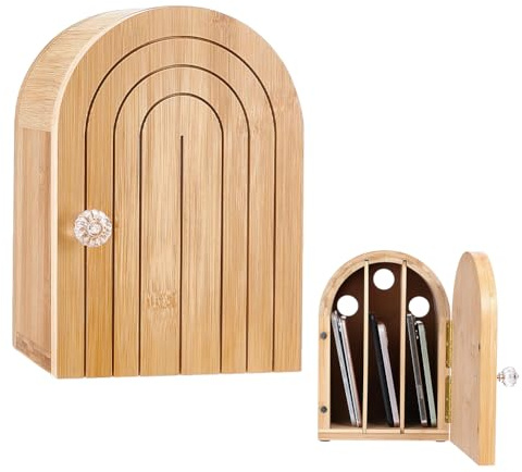 UNICRAFTALE Bamboo Phone Jail 3 Sections Phone Box Hold 6 Phones Burlywood Stand-Up Organizer with Charging Holes for Family Dinner Office Desk Focus Back 181x162x261mm