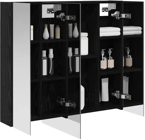 vidaXL Badezimmerspiegelschrank Schwarz Eichen-Optik 80 x 14,5 x 70 cm, Badezimmer Aufbewahrung, rechteckiger Schrank, modernes Design, platzsparender Wandspiegel, verstellbares Regal, Organizer