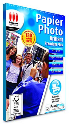 Papier Photo 10x15cm Brillant - 130 Feuilles Papier Photo Professionnelle Brillante, Format A6, 255 g/m², Séchage Rapide, Impressions - 9600 dpi, Compatible Imprimante Jet d'Encre - Micro Application 5368