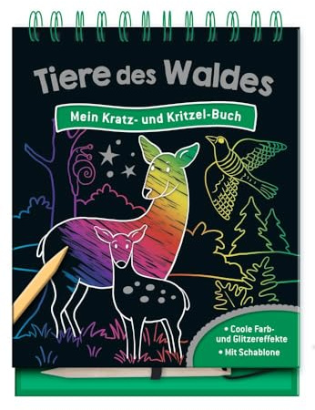 Tiere des Waldes - Mein Kratz- und Kritzel-Buch: 15 zauberhafte Kratzseiten mit Farb- und Glitzereffekten zum Freikratzen für Kinder ab 5 Jahren | mit Schablone und Kratzstift